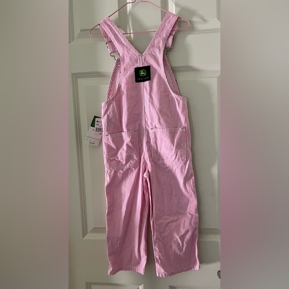 New Girl’s John Deere pink & white striped overalls 4T pockets adjustable straps - Picture 6 of 7